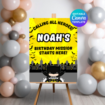Dark City Hero Birthday Welcome Sign – Printable Party Decor