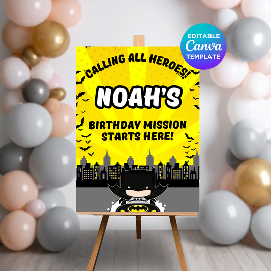 Dark City Hero Birthday Welcome Sign – Printable Party Decor