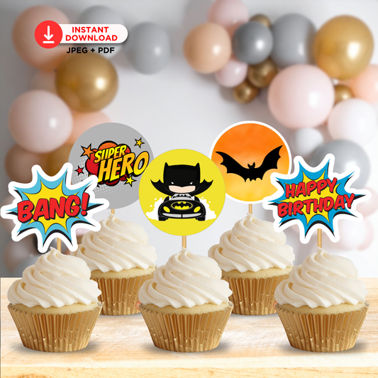 Dark City Hero Cupcake Topper Template – Printable Party Decor